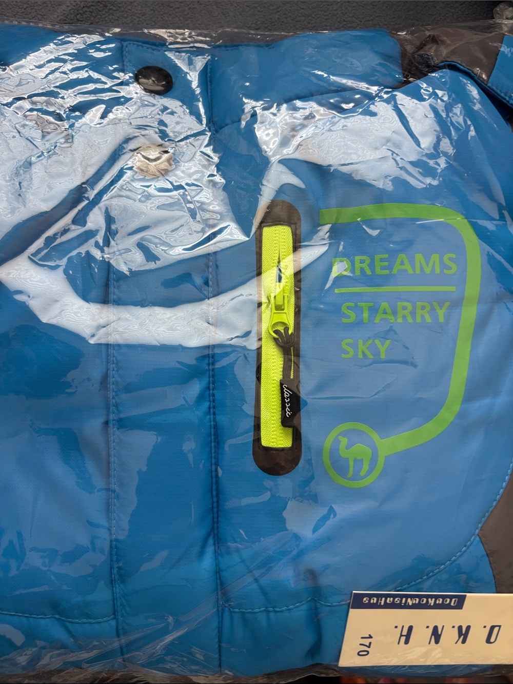 Starry Sky Kids Blue Puffer Jacket with Neon Green Accent